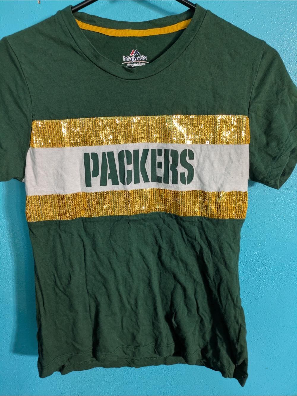 ✨ RARE Green Bay Packers Majestic Gold Sequin Tee‎ - Vintage 2014 ✨
